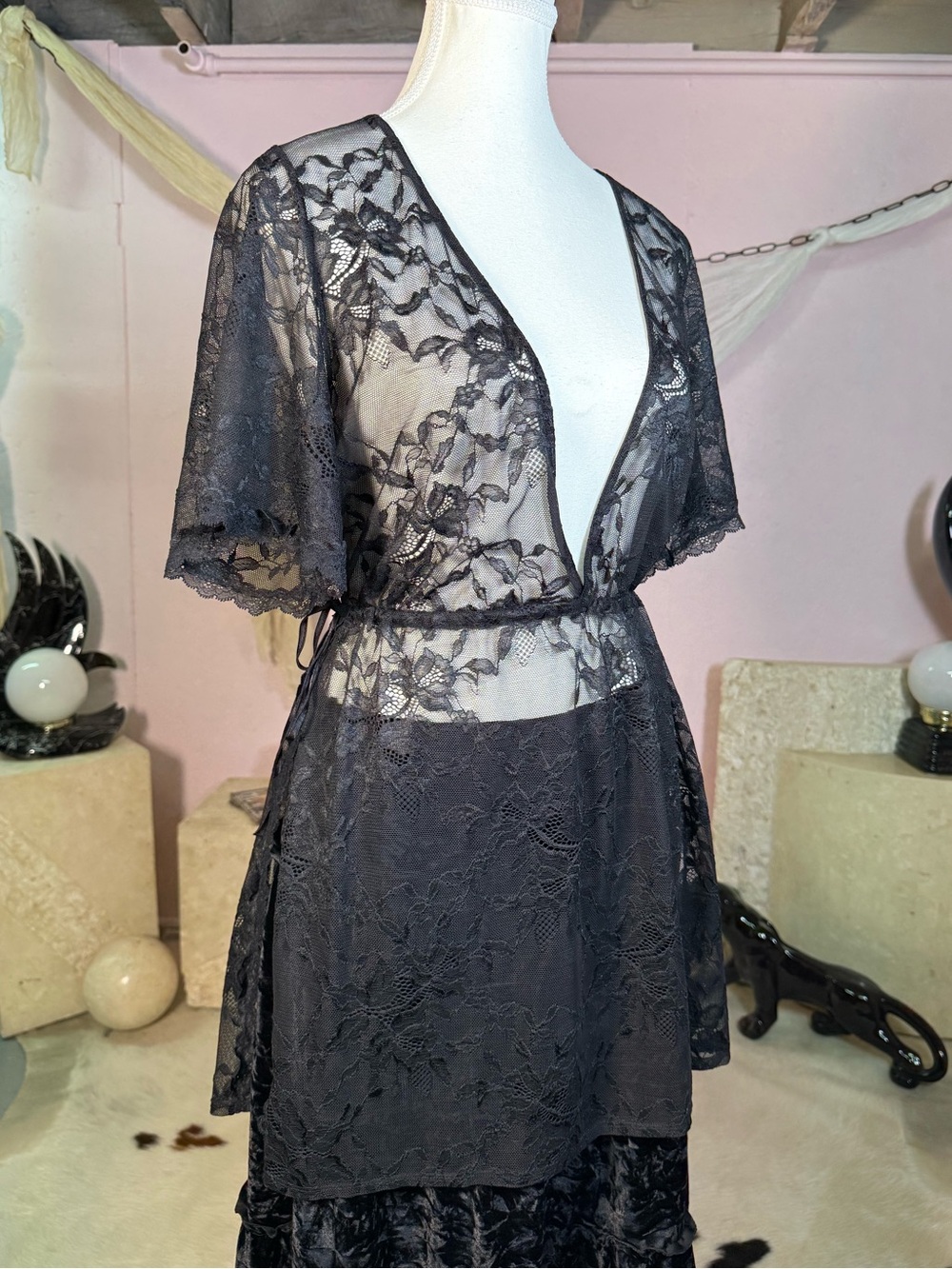 Black Sheer Floral Lace Tie-Waist
